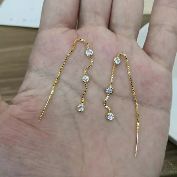 2/$25 Linear Drop Three Stone Cz Trio Gold Threader Dangle Earrings - Picture 2 of 5